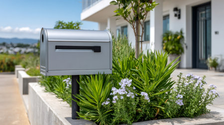 Modern silver mailbox standing in a landscaped garden bed with a contemporary house in the backgroundの素材