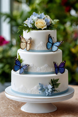 Elegant tiered cake decorated with sugar butterflies, blue flowers, and white laceの素材
