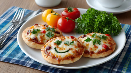 Mini pizzas with a smile face served on a plate with tomatoes and parsleyの素材