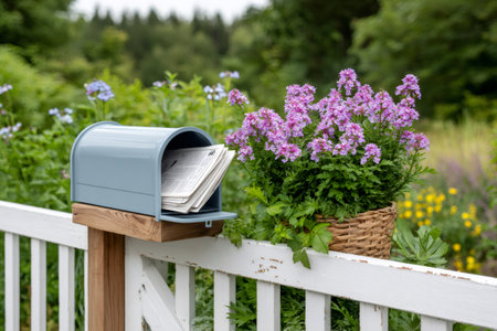 Rustic mailbox holding newspaper next to potted pink flowers on a country fenceの素材
