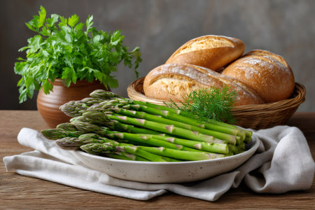 Fresh asparagus, rustic bread, and green herbs on a wooden table, emphasizing healthy eatingの素材