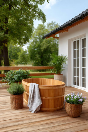 Wooden hot tub on a deck, with plants, offering natural wellness and outdoor relaxationの素材