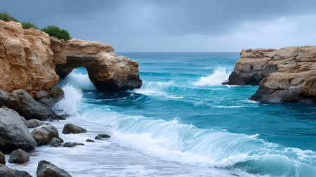 Waves breaking against rocky coast with a natural stone arch under a cloudy skyの素材