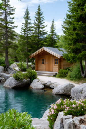 Wooden cottage standing on a tranquil lakeside path surrounded by trees and rocksの素材