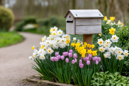 Wooden mailbox standing amidst a vibrant garden of daffodils, tulips, and green foliage, beside a winding pathの素材
