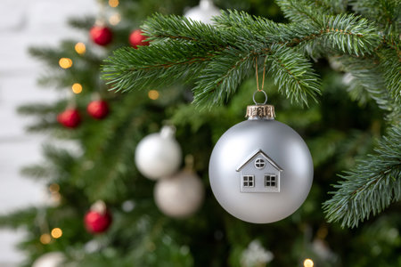 Christmas ornament with a house symbol hanging on an evergreen tree branchの素材