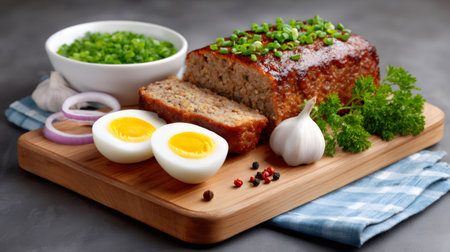 Meatloaf loaf with sliced pieces, boiled eggs, garlic, and fresh herbs on a wooden boardの素材