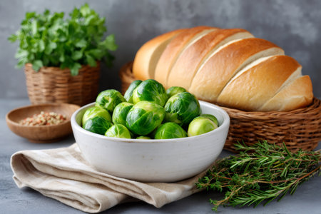 Bowl of fresh brussels sprouts with loaf of bread and herbs on a gray backgroundの素材