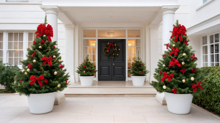 Decorated house entrance featuring a black door, festive wreath, and holiday trees in potsの素材