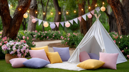 Outdoor garden party space with pillows, blanket, and decorations on green grassの素材