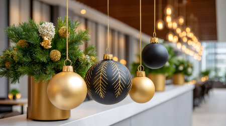 Gold and black Christmas ornaments hanging with festive greenery in a contemporary settingの素材