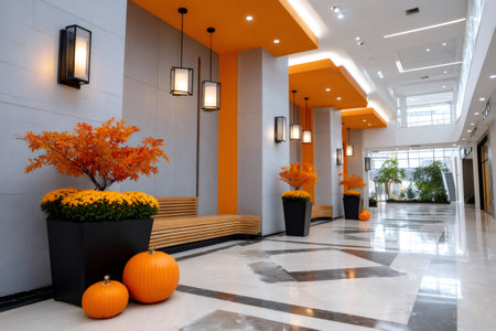 Mall hallway decorating with orange fall plants and pumpkins creating a seasonal atmosphereの素材