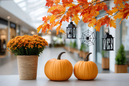 Halloween mall decorations featuring pumpkins, spider webs, lanterns, and autumn leavesの素材