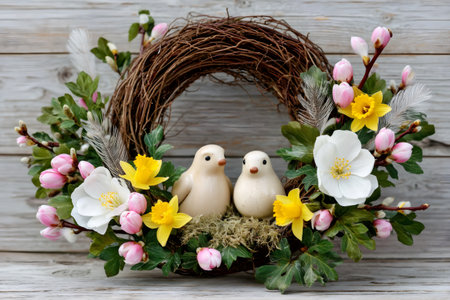 Decorative Easter wreath with bird figurines, flowers, and feathers on a rustic wooden backgroundの素材
