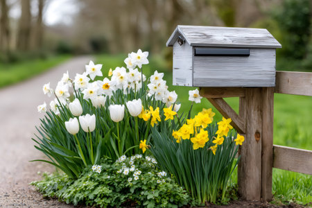 Countryside mailbox decorated with blooming daffodils, tulips, and green foliage along a pathの素材
