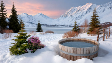 Warm water in a wooden hot tub with snow-covered mountains, lake, and pine treesの素材