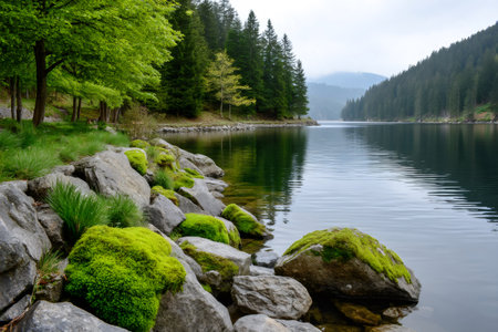 Green mossy rocks lining a calm forest lake with tree reflections on the surfaceの素材