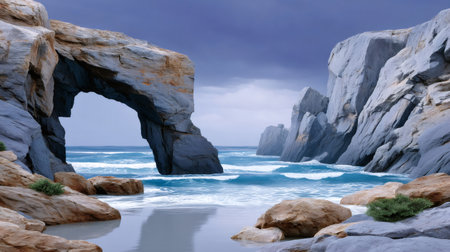 Ocean waves breaking on the shore, creating a serene coastal landscape with rocky cliffs and a sea archの素材