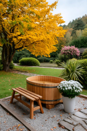 Outdoor wooden hot tub and bench with vibrant autumn tree in a tranquil gardenの素材