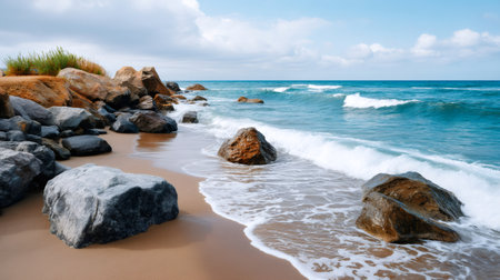 Ocean waves washing over sand and rocks on a natural seashoreの素材