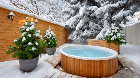 Outdoor hot tub relaxing in a snowy winter backyard, steam rising from warm waterの素材