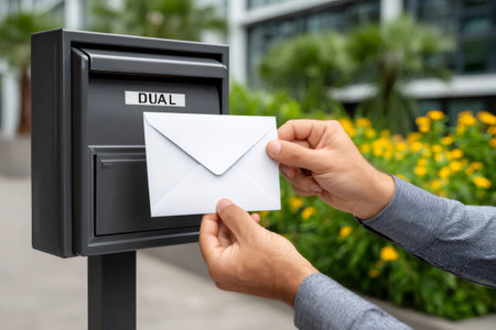 Man's hands inserting a blank white envelope into a gray outdoor mailboxの素材