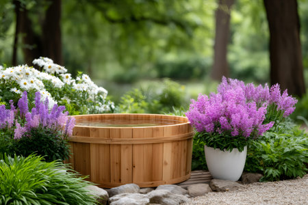 Wooden hot tub filled with water surrounded by colorful flowers and green foliageの素材