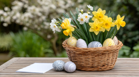 Wicker basket filled with spring daffodils and painted Easter eggs on a wooden garden tableの素材