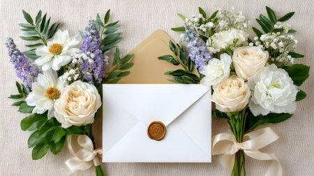 Wedding invitation envelope featuring a wax seal, surrounded by two beautiful floral bouquetsの素材