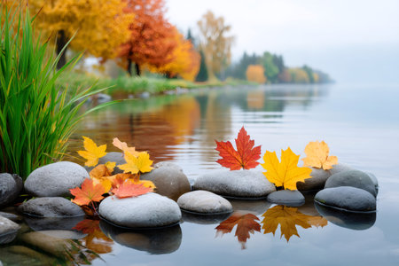 Autumn maple leaves resting on rocks in calm lake water with reflections of colorful fall forestの素材