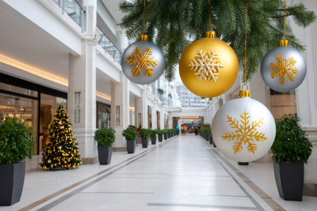 Christmas ornaments with snowflakes hanging in a decorated shopping mall during the holiday seasonの素材