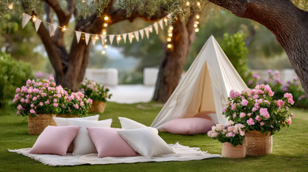 Backyard glamping setup featuring a canvas teepee, pillows on a blanket, and string lights, creating a cozy outdoor summer atmosphereの素材