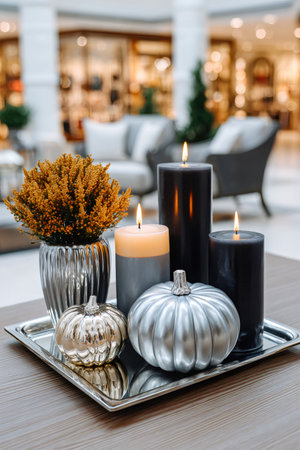 Autumn decorative arrangement with lit candles and metallic pumpkins on a trayの素材