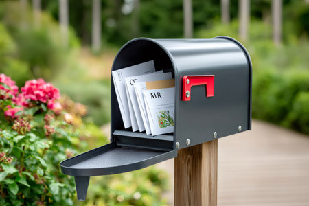 Mailbox receiving new mail, full of letters and envelopes for deliveryの素材
