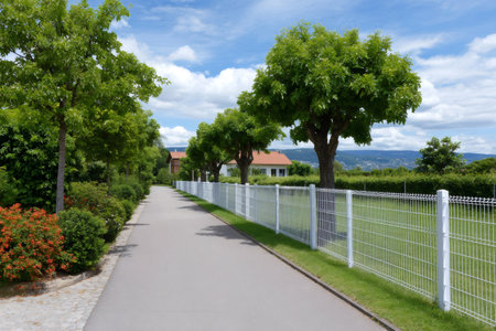 Asphalt path with a white metal fence, green trees, and residential houses under a blue skyの素材