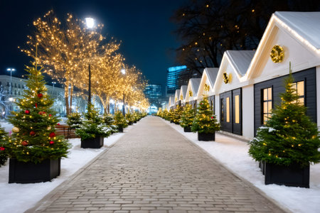 Holiday decorated city street with Christmas trees and stalls under snow at nightの素材