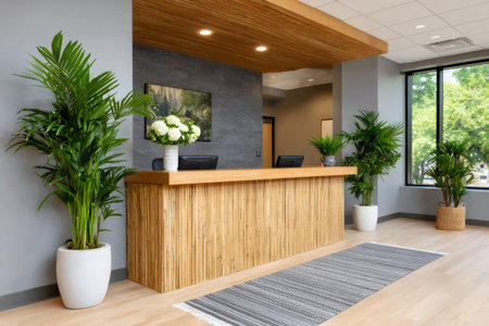 Office reception or lobby area with natural wood elements, plants, and contemporary designの素材