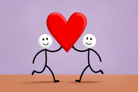 Two stick figures happily carrying a big red heart, symbolizing love and partnershipの素材