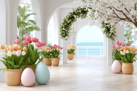 Pastel Easter eggs placed near potted tulips with a view of the oceanの素材