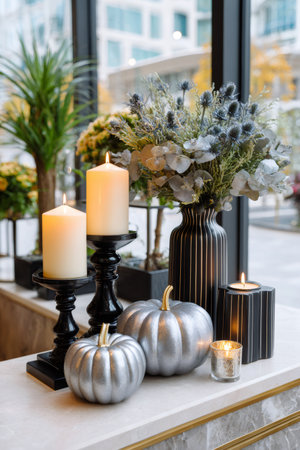 Silver pumpkins, candles, and a floral vase decorating a modern space for Halloween or fallの素材