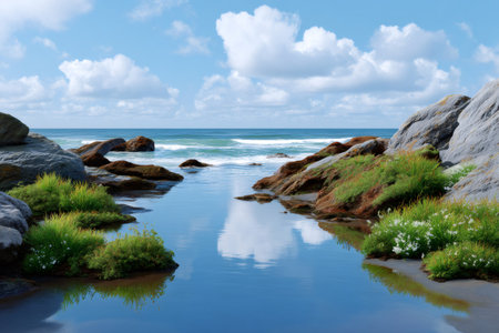 Scenic coastal landscape with calm tide pools reflecting clouds and sky, surrounded by rocks and green plantsの素材