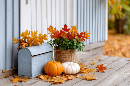 Autumn pumpkins and colorful maple leaves decorating a cozy wooden porchの素材