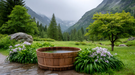 Wooden hot tub filled with water relaxing in a serene green mountain valley landscapeの素材