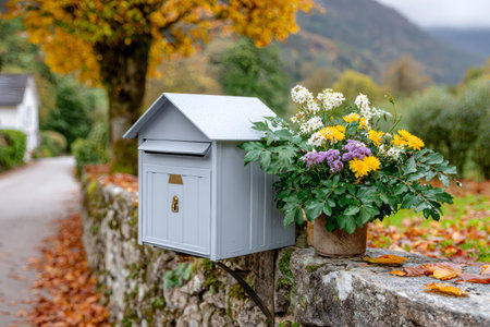 Mailbox and potted flowers decorating a rural stone wall during the fall seasonの素材