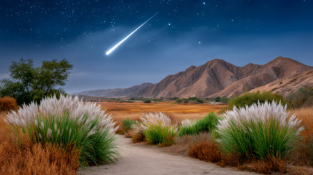Starry night sky illuminates desert landscape with pampas grass and mountainsの素材