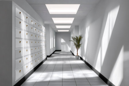 Long, sterile hallway with white mailboxes and sunlight streaming through windowsの素材