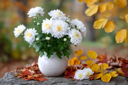 White chrysanthemum flowers planted in a vase, on a rock surrounded by yellow and orange autumn leavesの素材