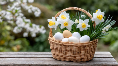Wicker basket holding Easter eggs and spring daffodils on a wooden table in a blooming gardenの素材