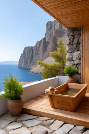 Wooden bathtub on outdoor balcony with towels, enjoying sea view and stone cliffの素材