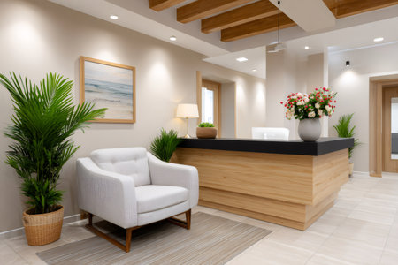 Office lobby with contemporary design, comfortable armchair, and indoor plantsの素材
